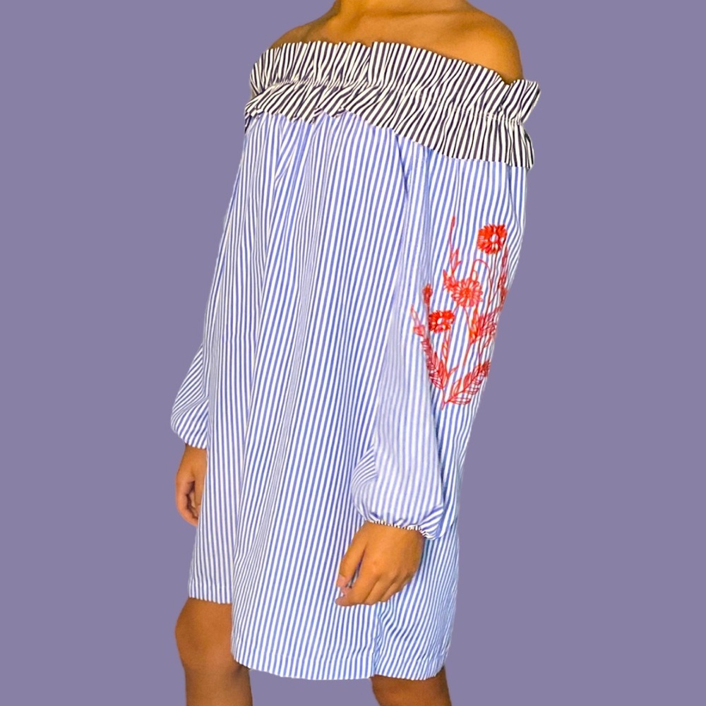 Romeo & Juliet Couture Striped Off Shoulder Dress Tunic with embroidery